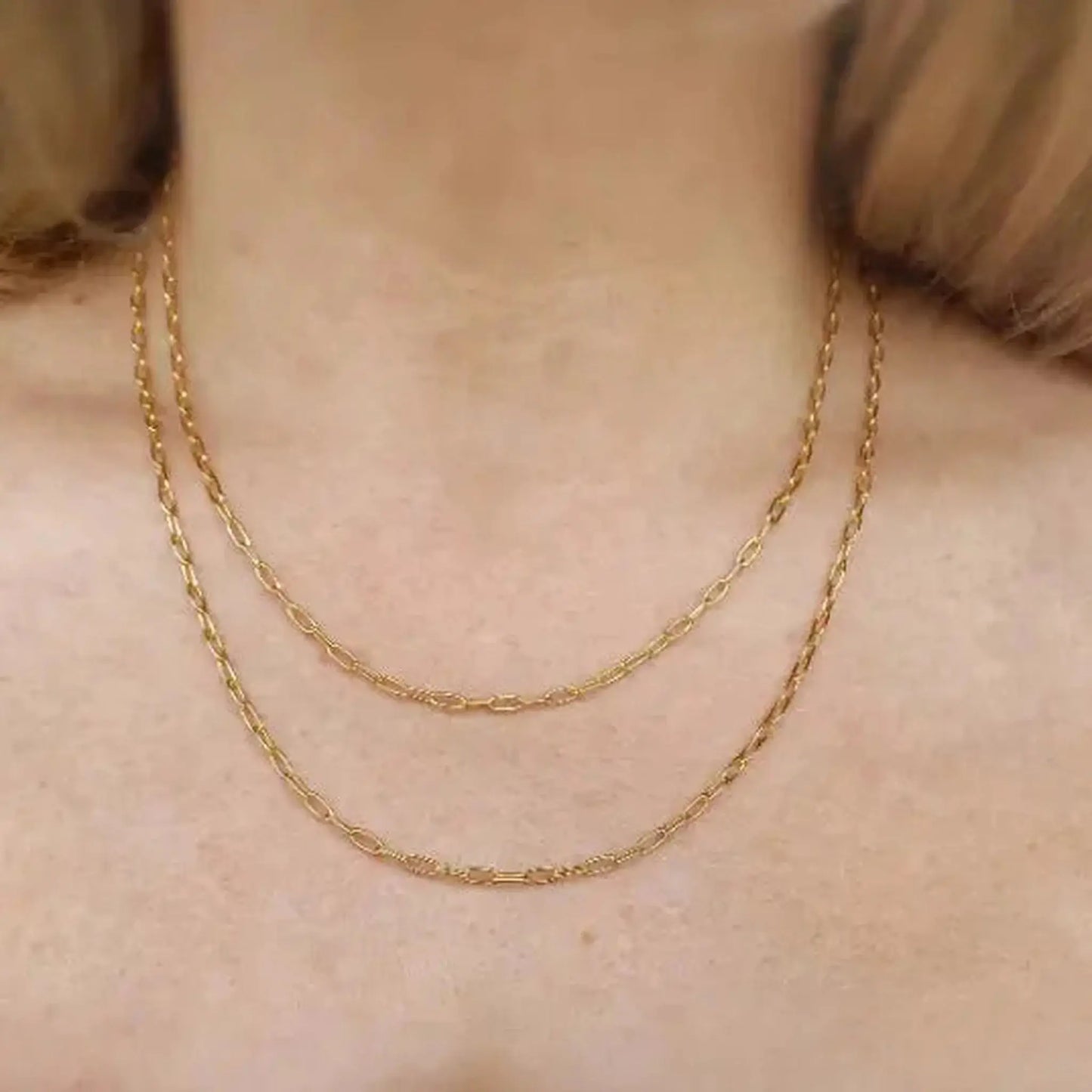 Blake 18K Gold-Filled 2.55mm Cable Link Chain Necklace worn in a layered style close-up image.