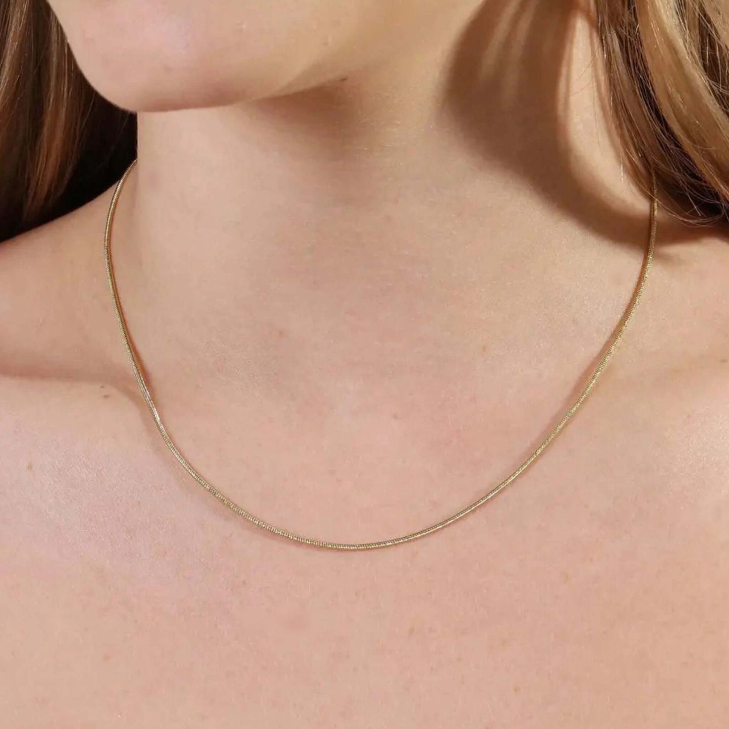 Cora Gold-Filled Snake Chain Necklace displayed on a model's neck, highlighting its smooth and elegant design.