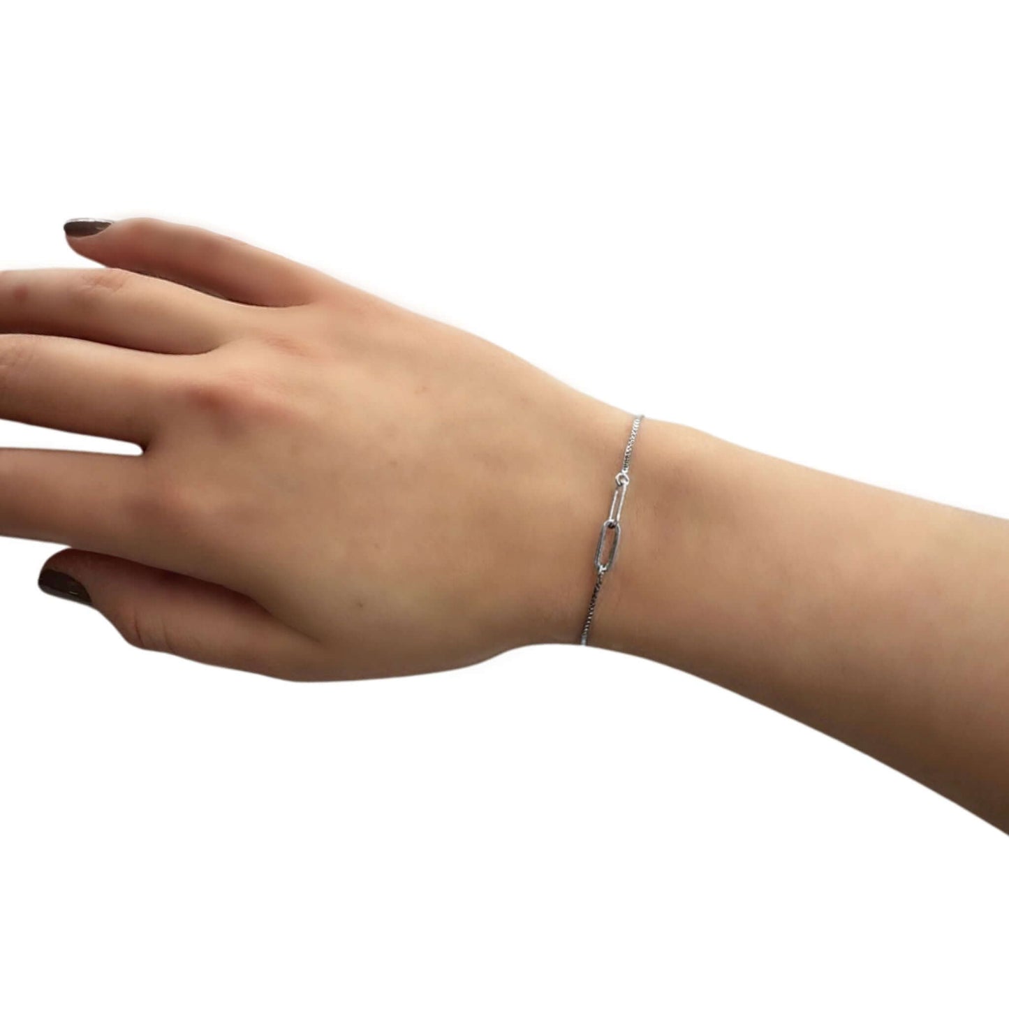 Dakota Adjustable Two-Link Silver Slider Bracelet shown on a hand, featuring an adjustable slide bead closure.
