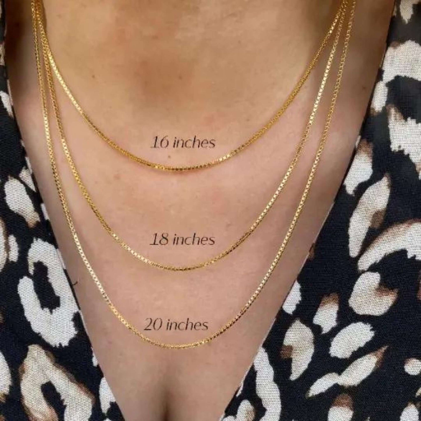Fallon 18K Gold-Filled 1.2mm Box Chain Necklace displayed at 16, 18, and 20 inches, showcasing its adjustable length options.