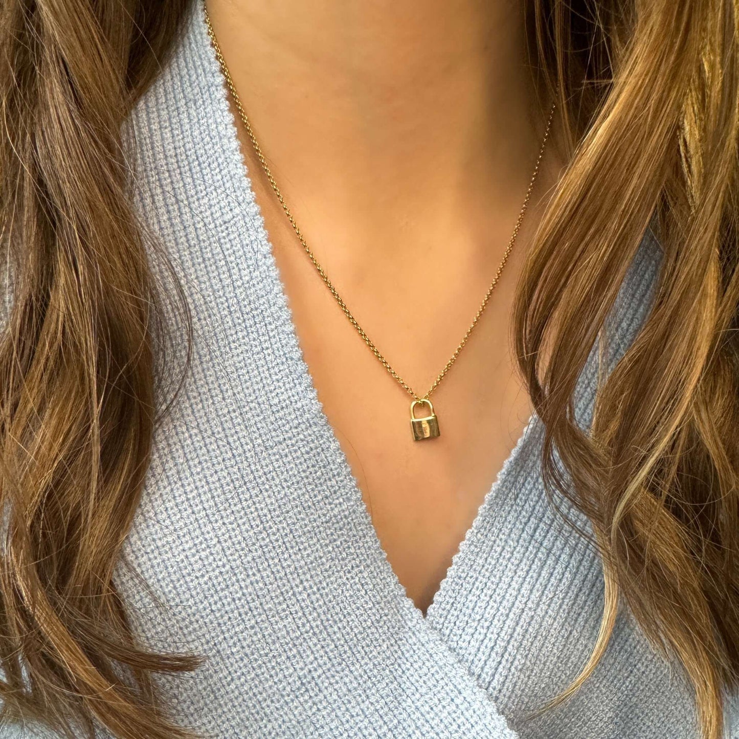 Model wearing the Mallory Gold Vermeil Lock Pendant Necklace on a gold-filled chain.