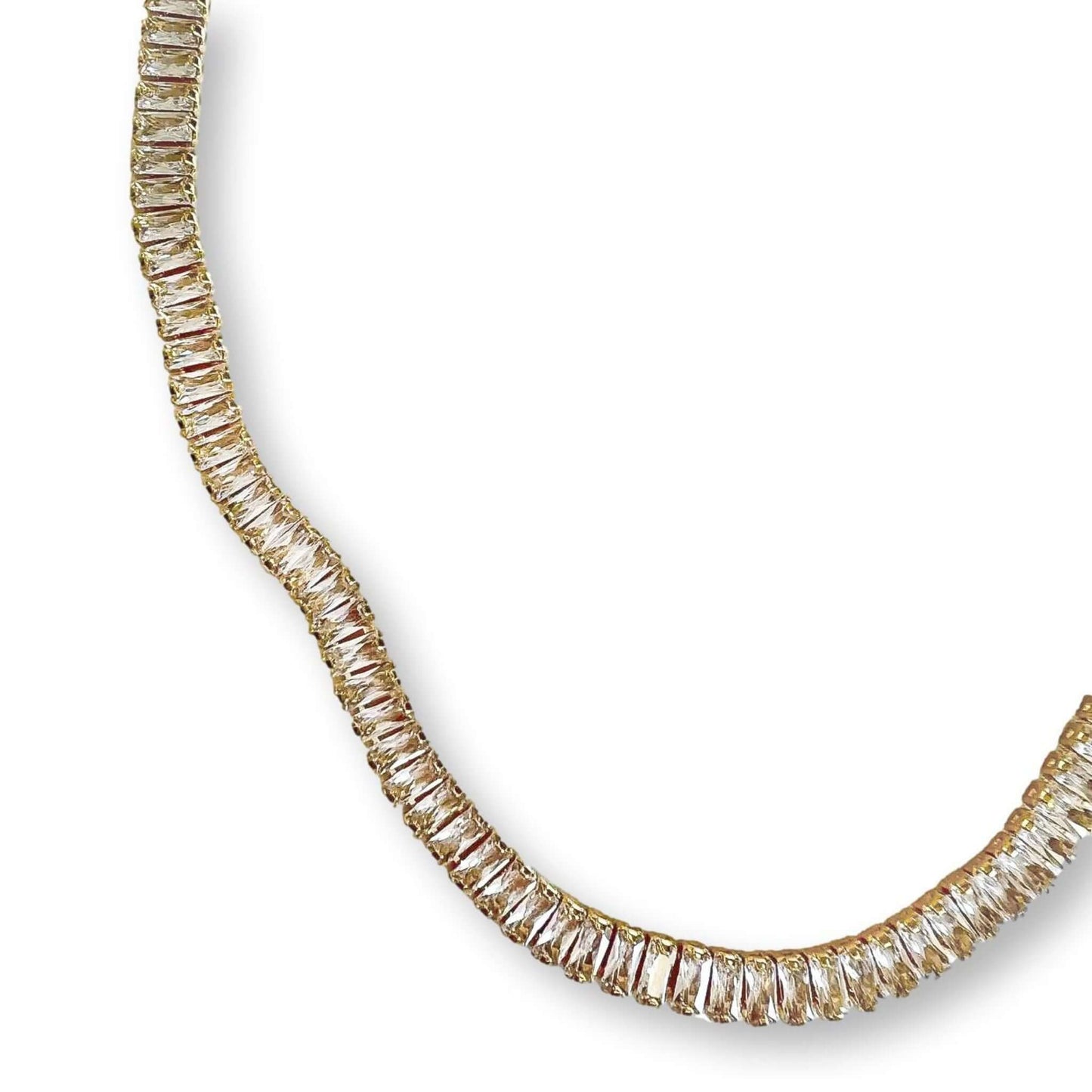 Mara Necklace – 14K Gold-Filled Tennis Necklace with Cubic Zirconia Baguettes close-up showing vertical baguette settings.