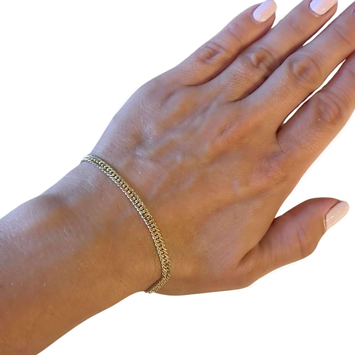 Reese 18K Gold-Filled Double Curb Chain Bracelet worn on hand, showcasing its elegant design and lightweight feel.