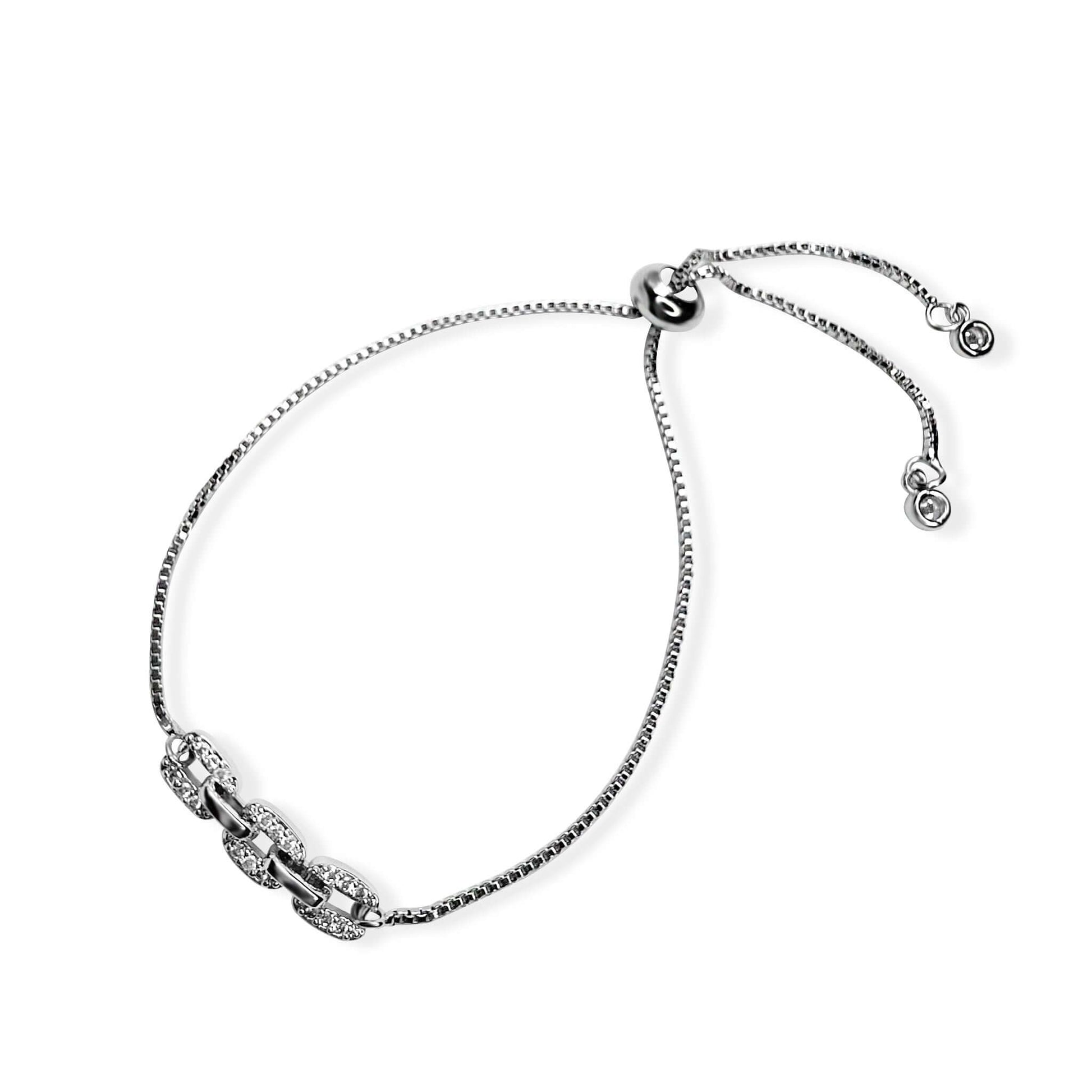 Aster 3-Link Adjustable CZ Bracelet featuring three cubic zirconia links on a silver chain, designed for easy wear.