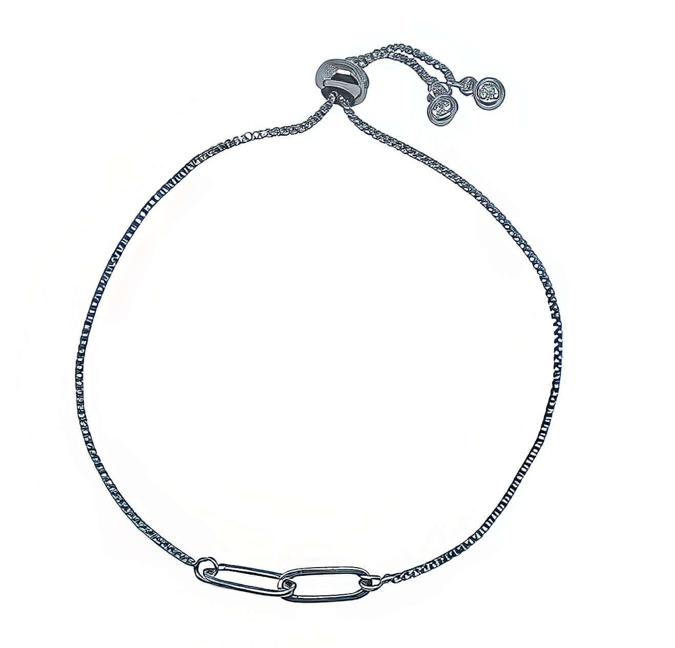 Dakota Adjustable Two-Link Silver Slider Bracelet featuring adjustable slide bead closure and interlocking links.