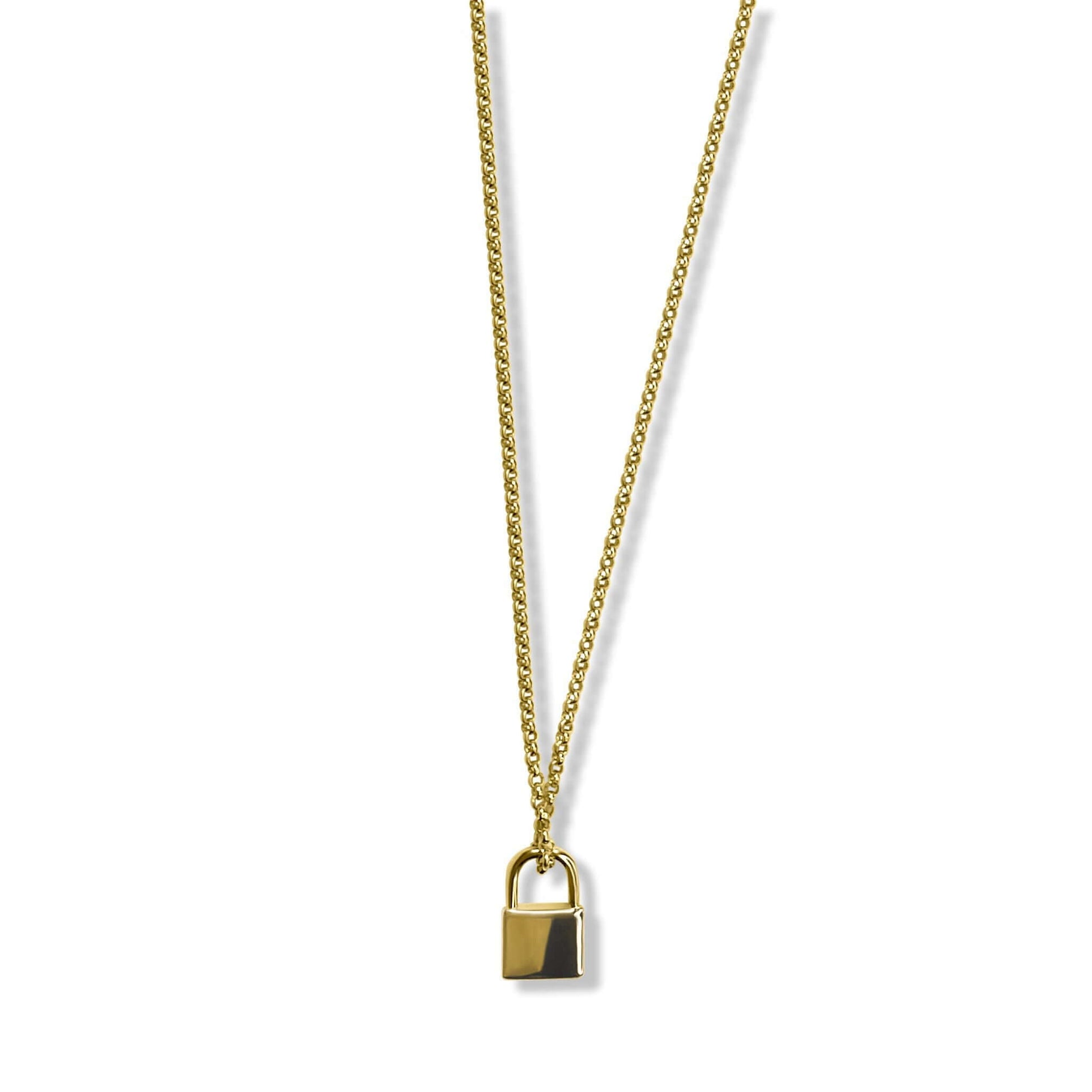Mallory Gold Vermeil Lock Pendant Necklace on an 18-inch gold-filled chain, showcasing its smooth lock design.