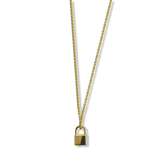Mallory Gold Vermeil Lock Pendant Necklace on an 18-inch gold-filled chain, showcasing its smooth lock design.