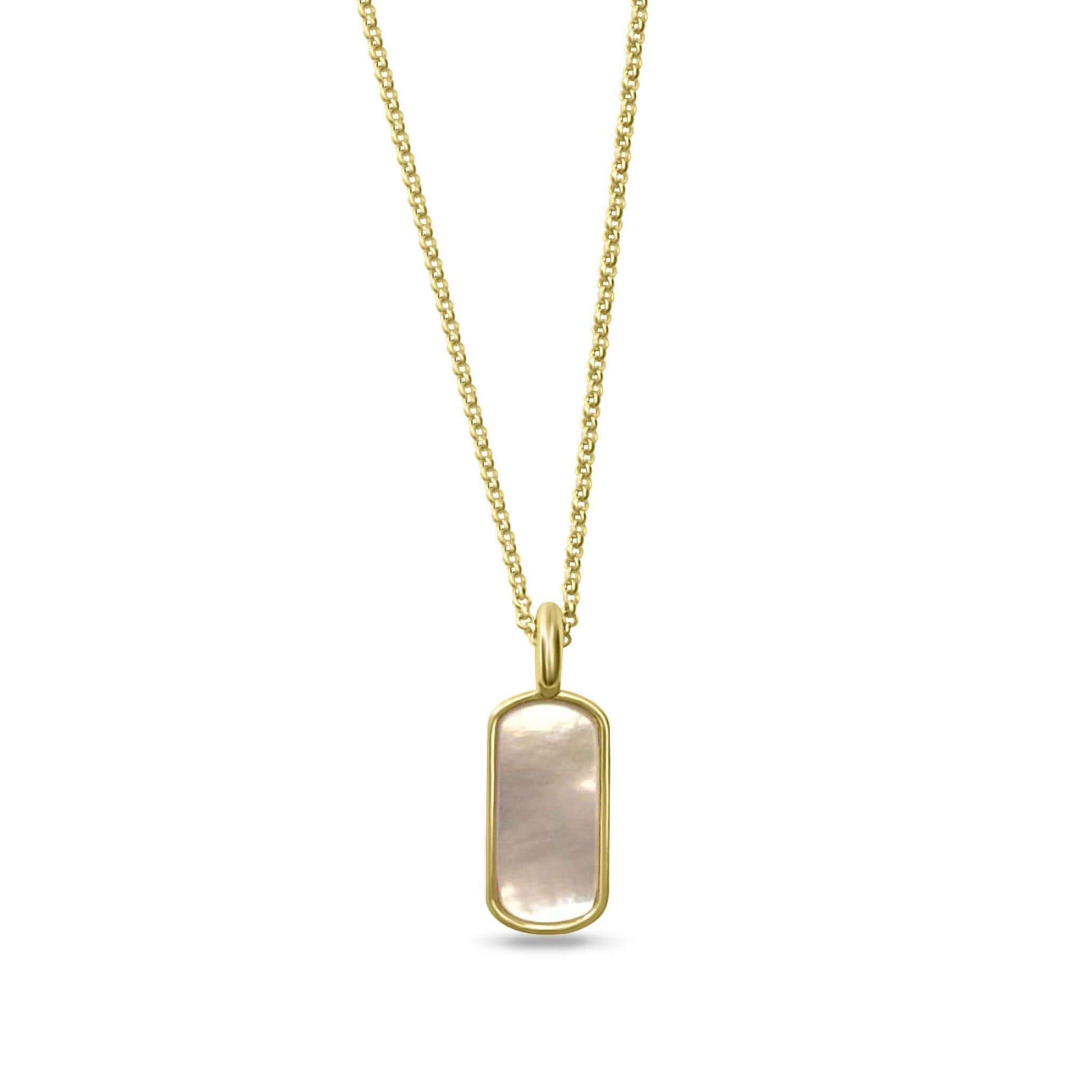 Nellie Mother of Pearl Pendant Necklace featuring a gold-filled chain and rounded rectangle mother of pearl pendant.