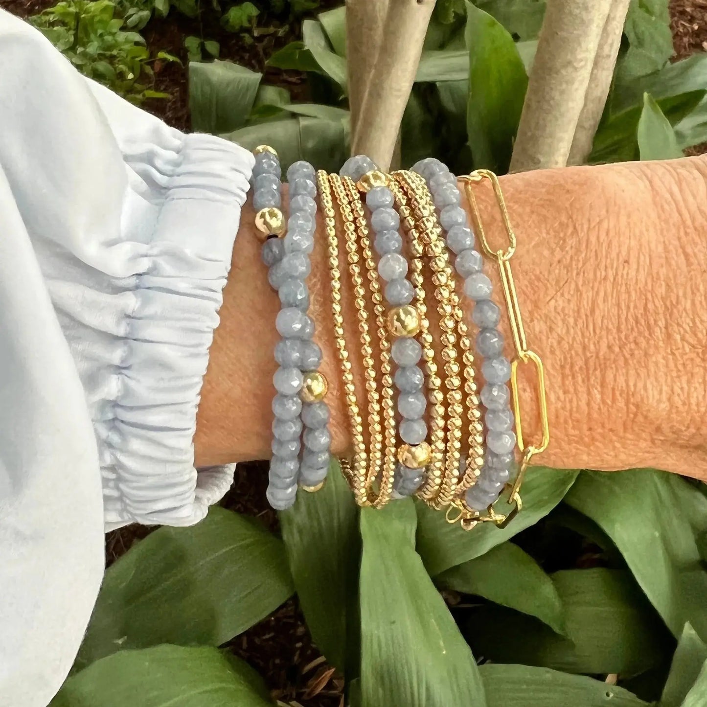 Noah - Malia Grace Jewelry light blue gold beaded stretch bracelet